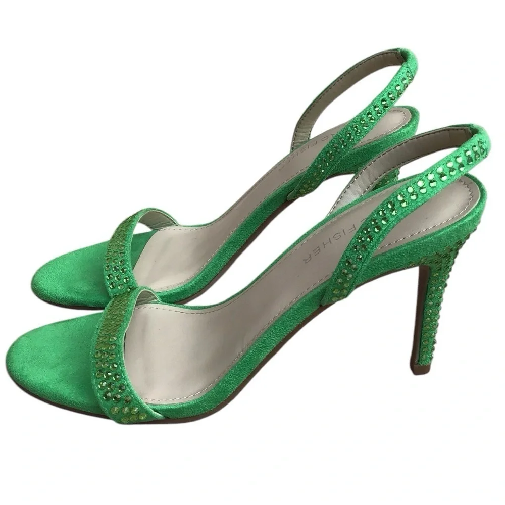 Marc Fisher Betila Green Slip On Slingback Crystal Embellished Heels Siz…